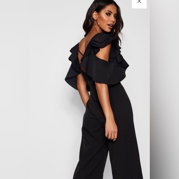 boohoo statement ruffle cross back jumpsuit black Size 4 - Picture 2 of 4